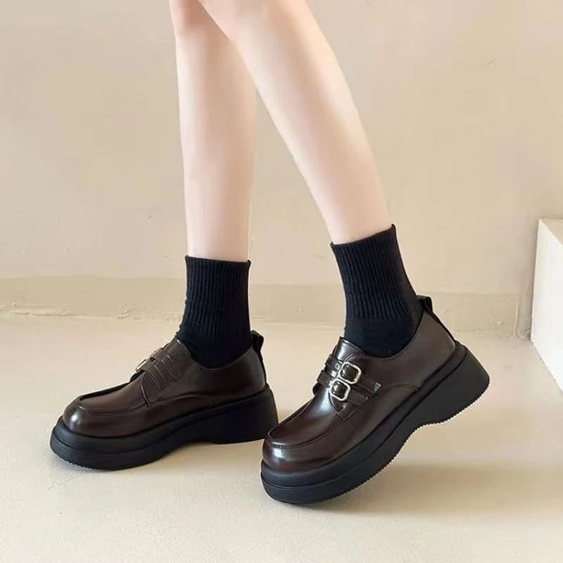 Mocassini con Doppia Fibbia e Plateau per Donna, Scarpe Casual in Pelle con Suola Spessa, Comode Scarpe Stile Mary Jane per Signore
