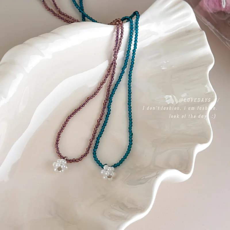 Necklace Handwoven Flower Fine Chain Crystal Seed Beads Comfortable Durable Lightweight Layering Resort Vacation Women