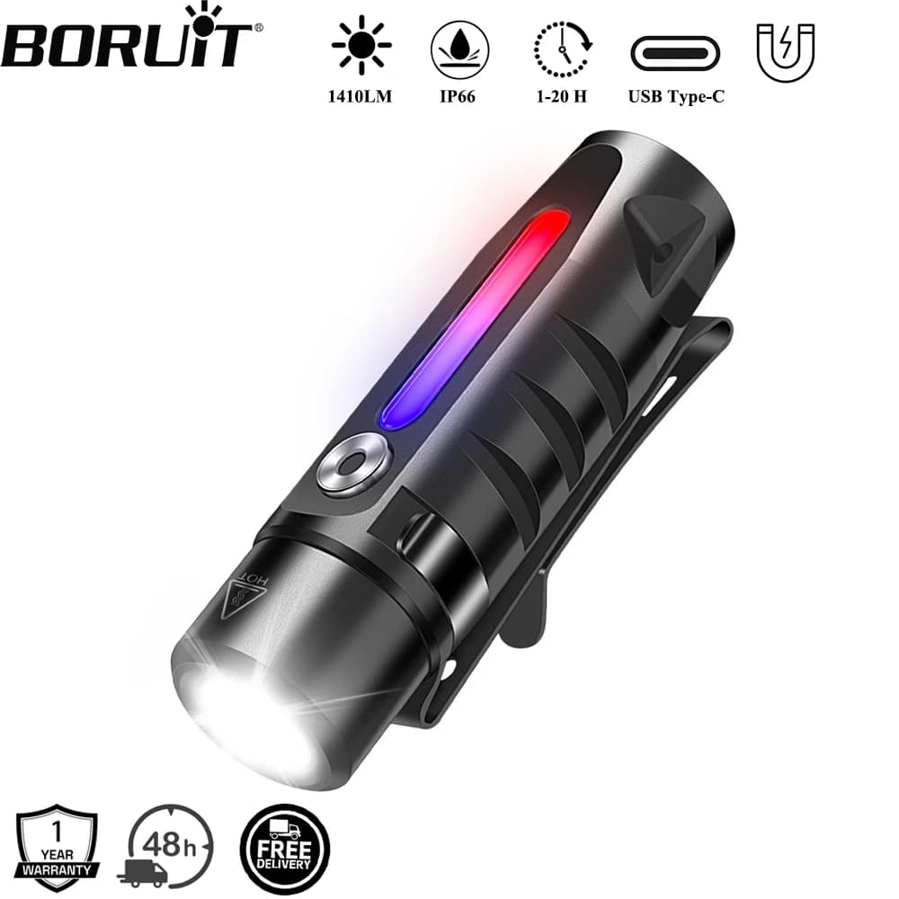 BORUiT RJ28 410LM EDC LED Flashlight Type-C Rechargeable Keychain Flashlight Working Light with Magnet Camping Pocket Lantern
