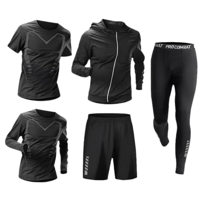 Men Five Piece Sports Set Hoodie Jacket Tops Pants Shorts For Running Basketball Cycling Fitness Training
