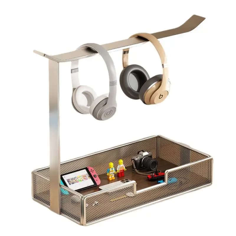 Universal Metal Desk Organizer Headset Stand with Storage Tray Multi Purpose Office Gaming Headphone Holder