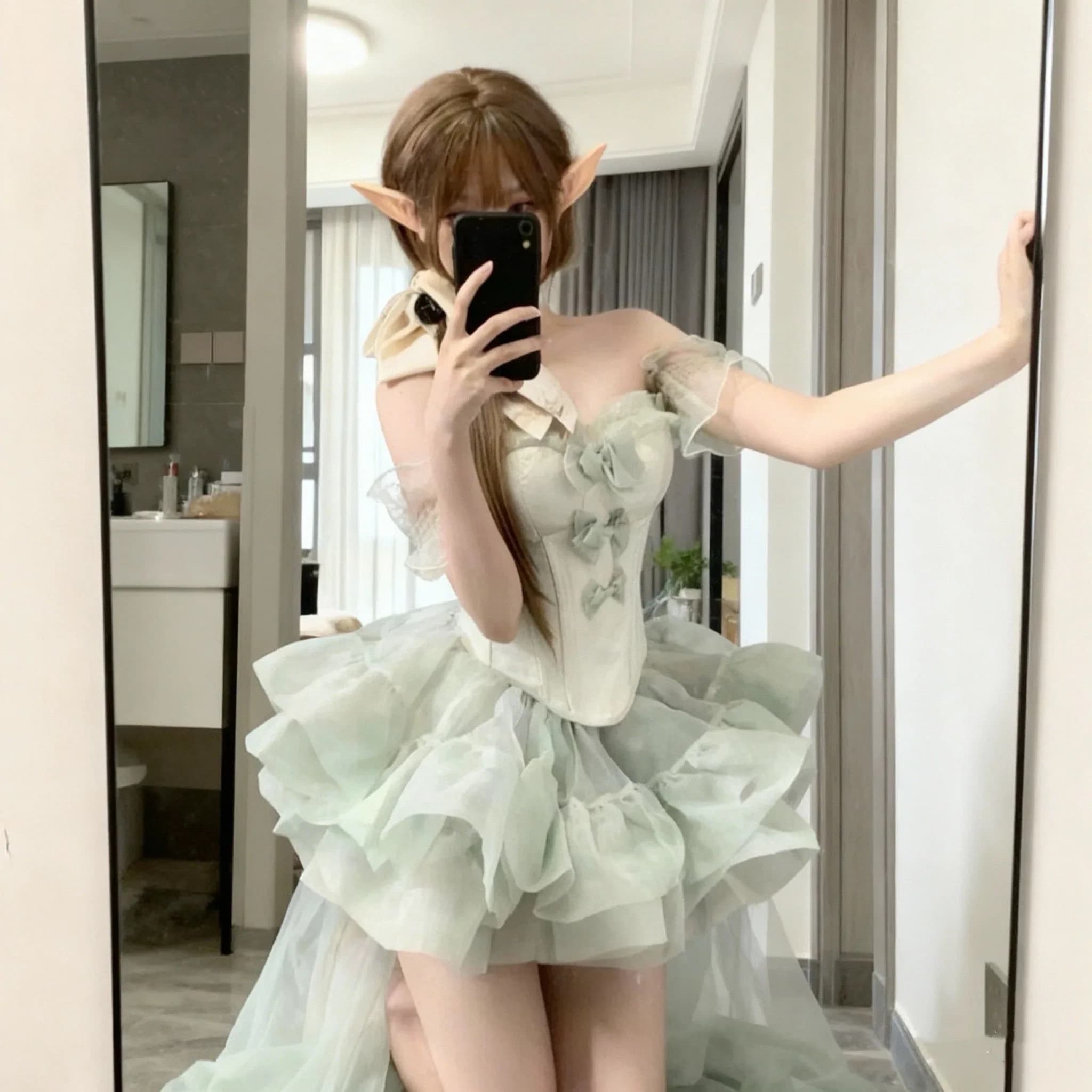 Detachable Princess Style Long Sleeve Green Birthday Party Dress High Waist Design Cherie Green Color Women's Gown with Acces...