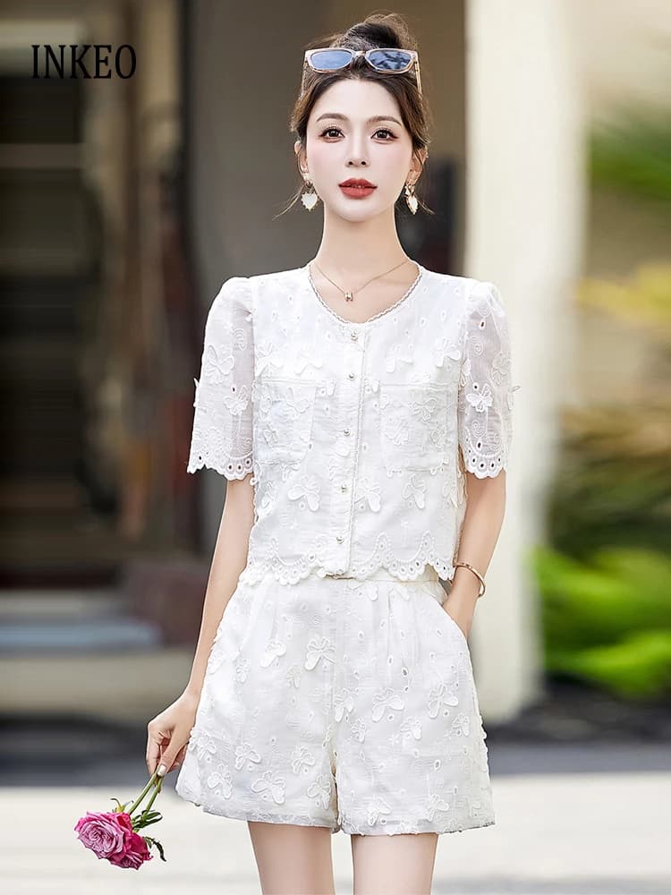 Streetwear Women White butterfly shirt Short sleeve Lace blouse and Elastic waist shorts 2025 New 2 Piece set Chic INKEO 5T087