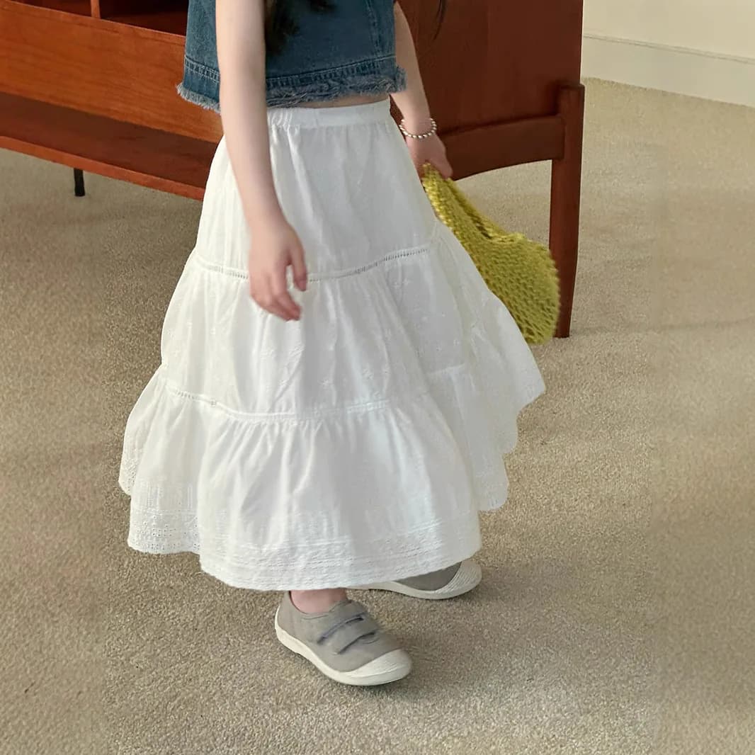 Girls' French Retro High-waisted Drape Skirt Children's Embroidered Lace A-shaped Umbrella Skirt Long Skirt