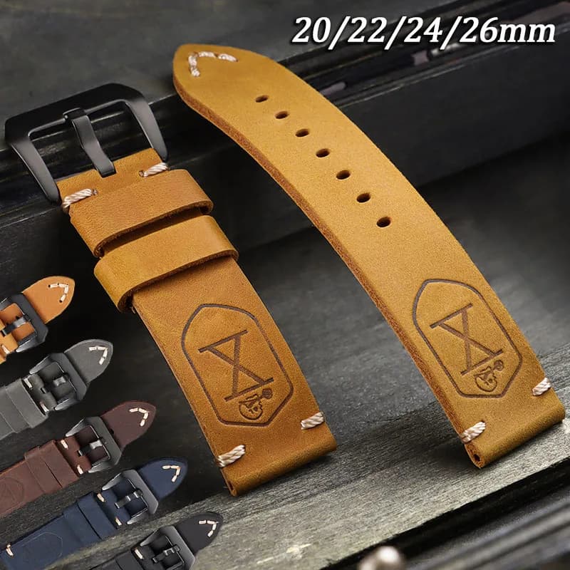 Vintage Crazy Horse Leather Watch Band 20/22/24/26mm Hand Stitched Retro Strap for Panerai PAM111/441 Cowhide Wrist Bracelet