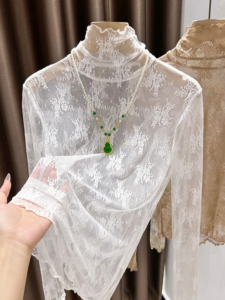 Maglia in pizzo sexy Pure Desire da donna, nuovo stile primavera autunno, maglia interna a collo alto in garza con motivo floreale e rete sottile