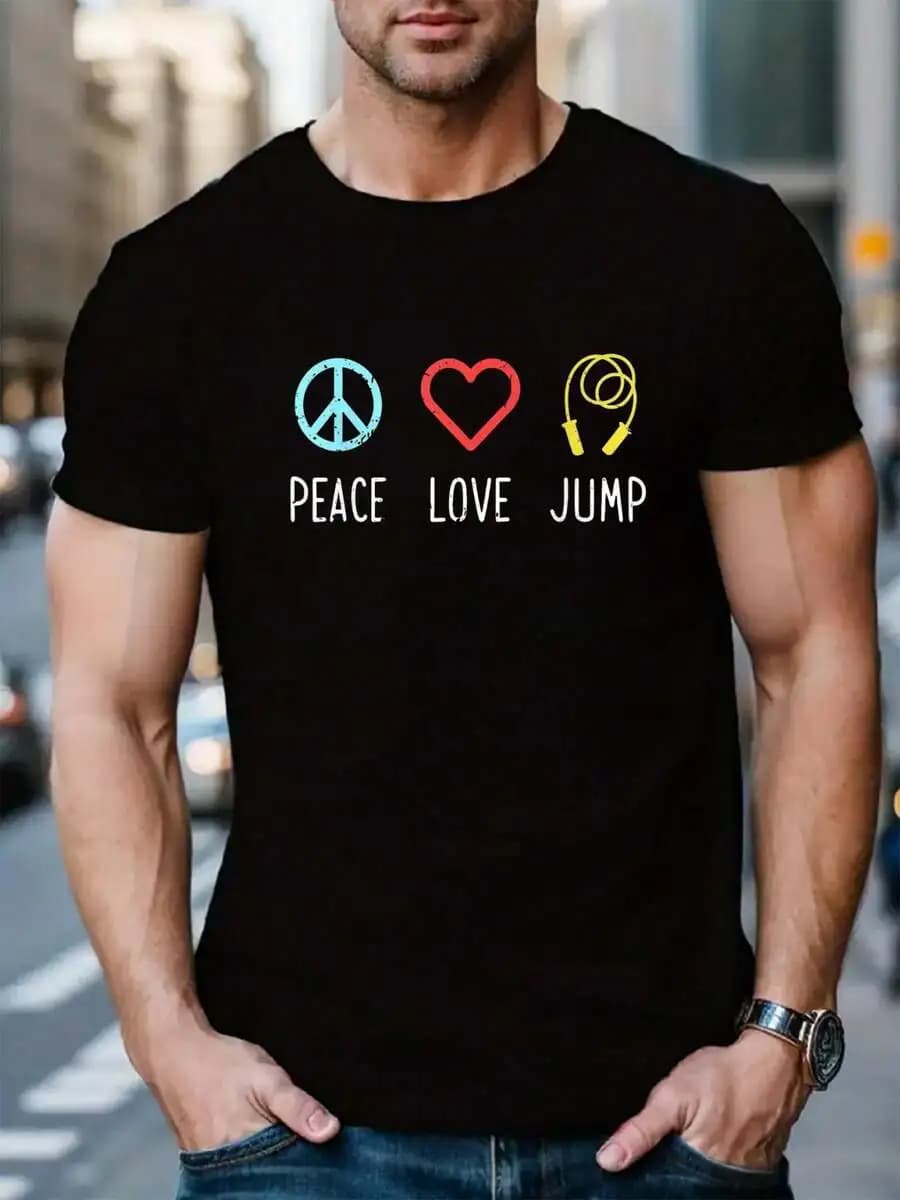 Mens Cotton Peace Love Jump Rope Graphic Tee Crew Neck Short Sleeve Casual Summer T-Shirt