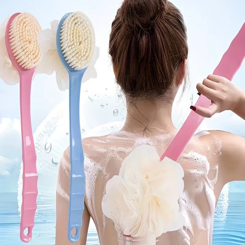 Spazzola da Bagno 2-in-1 in Fibra Morbida, Spazzola Esfoliante Delicata per il Corpo con Manico Lungo Curvo, Strumento per la Pulizia sotto la Doccia per Uomini e Donne