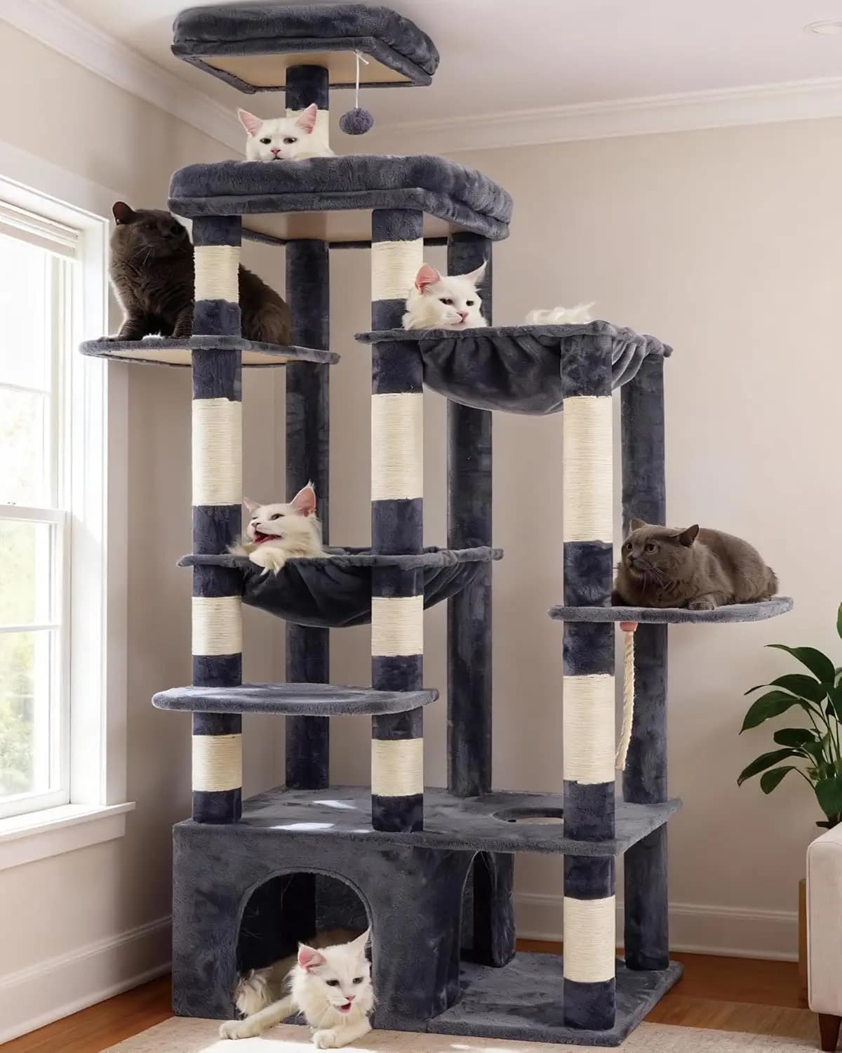 Tiragraffi per Gatti, Torre per Gatti di 180 cm di Altezza per Maine Coon di Grandi Dimensioni con Base Extra-Large, Arredo per Gatti Multi-Livello