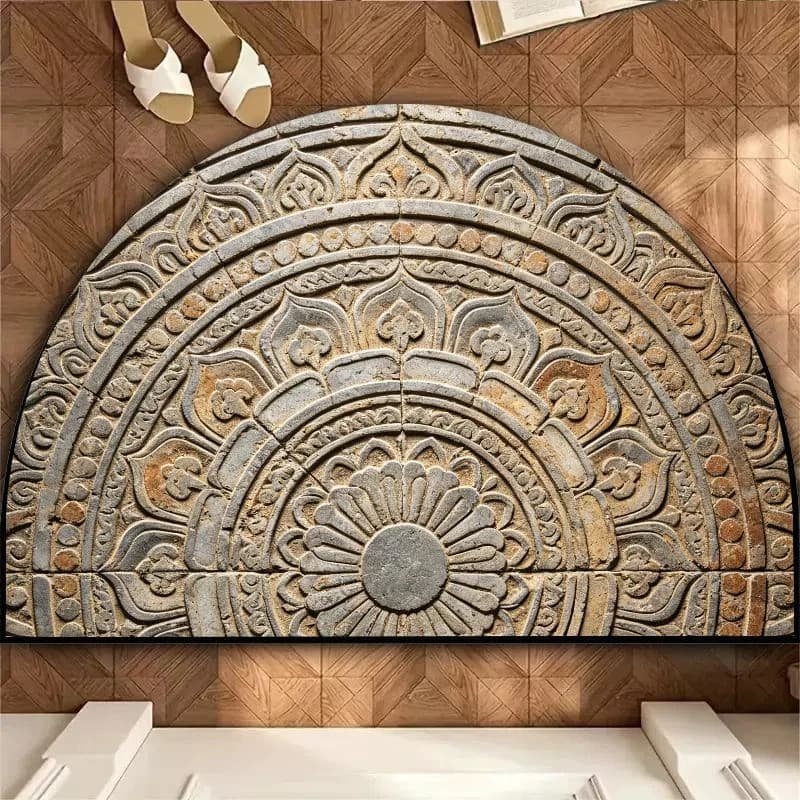 VIKAMA Vintage Stone Mandala Mat, Semi-Circle Carved Flower Rustic Bathroom Rug