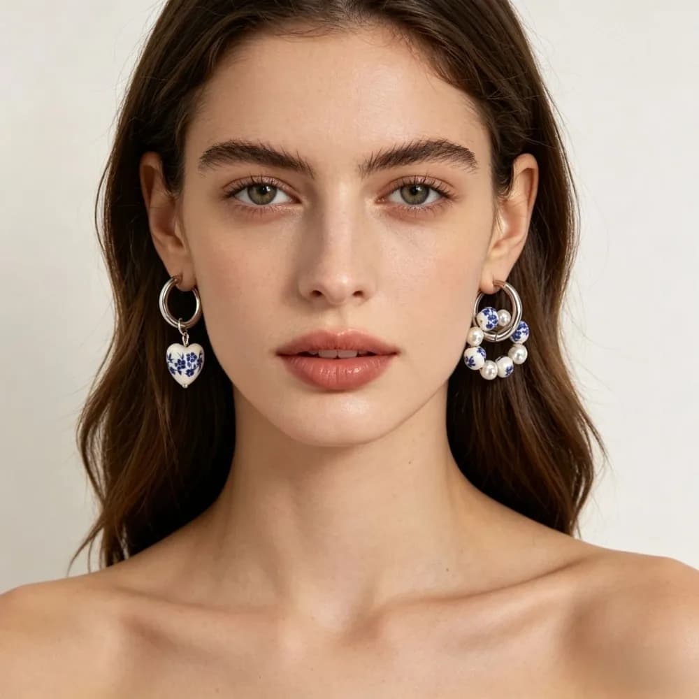 Nuovi Orecchini a Cerchio Asimmetrici in Stile Cinese con Cuore e Perline, Motivo Floreale Blu e Bianco, Imitazione Porcellana, Gioielli di Design per Donne