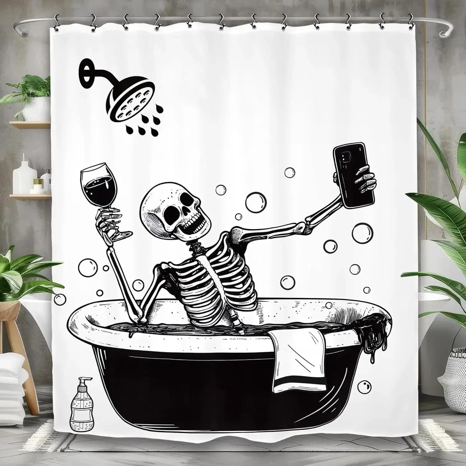Funny Skeleton Skull Bathroom Shower Curtain Black White Hilarious Man Cool Polyester Fabric 12 Plastic Hooks Waterproof Decor