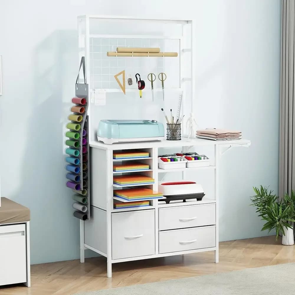 Craft Organizer and Storage Cabinet, Compatible with Cricut, White Craft Table, Large Crafting Desk with Drawers and Vinyl Holde