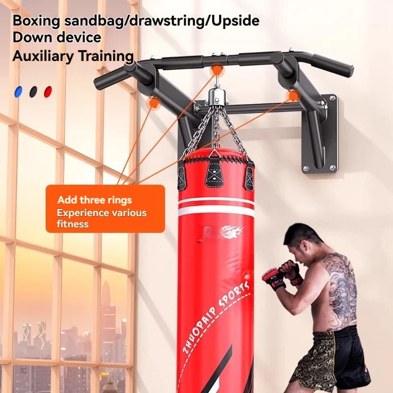 Pull-up bar for domestic interior, horizontal wall bar with holes for hanging rings, equipment for home fitness.
