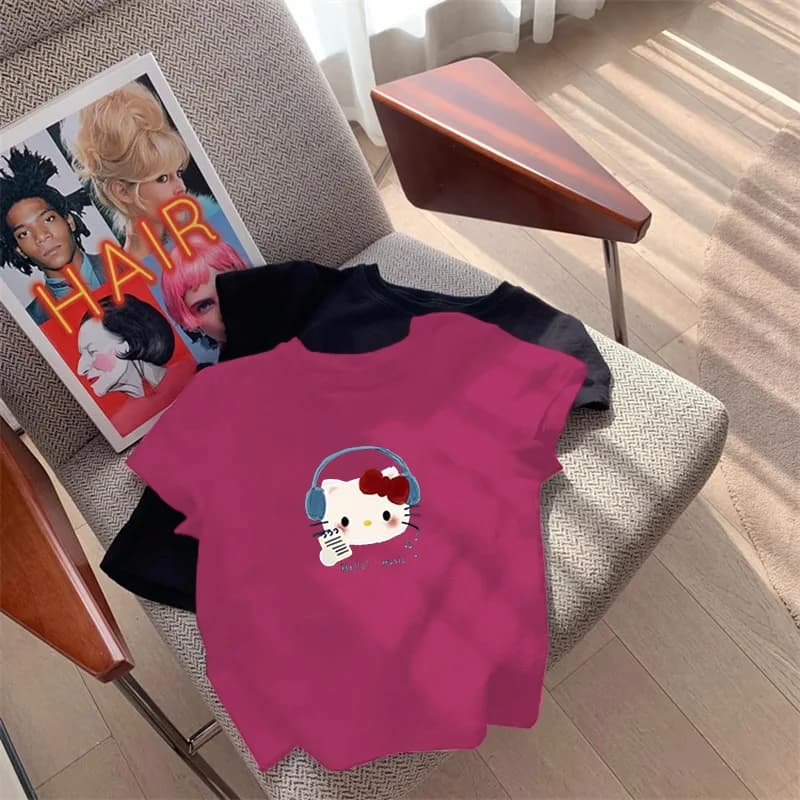 Cute Hello Kitty T Shirt Women Round Neck Short Sleeve Soft Cotton Cute Cartoon Print Y2K Casual Slim Basic Summer Tee Tops