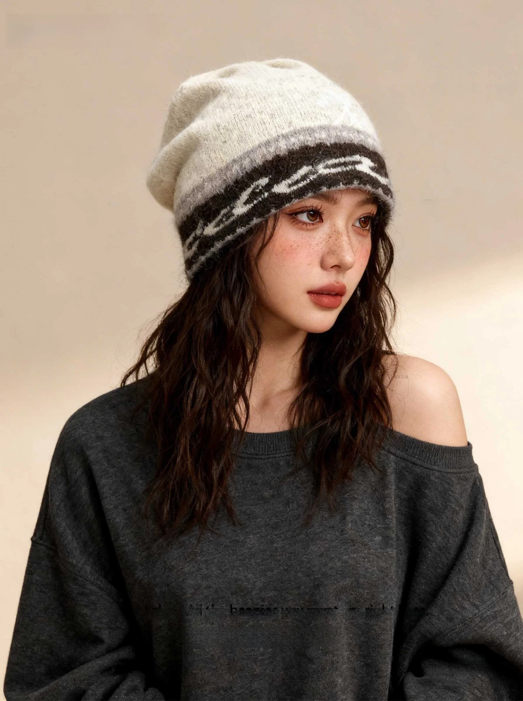 Cappello in Lana Lavorato a Maglia per Donne con Testa Grande, Stile Coreano, Caldo e Antivento, Pieghevole e Versatile per l'Inverno