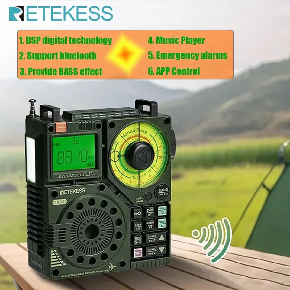 Retekess TR112 Radio Ricevitore radio AM FM portatile Radioamatori Radio ad onde corte amatoriale di emergenza SW AIR Band VHF WB Sveglia