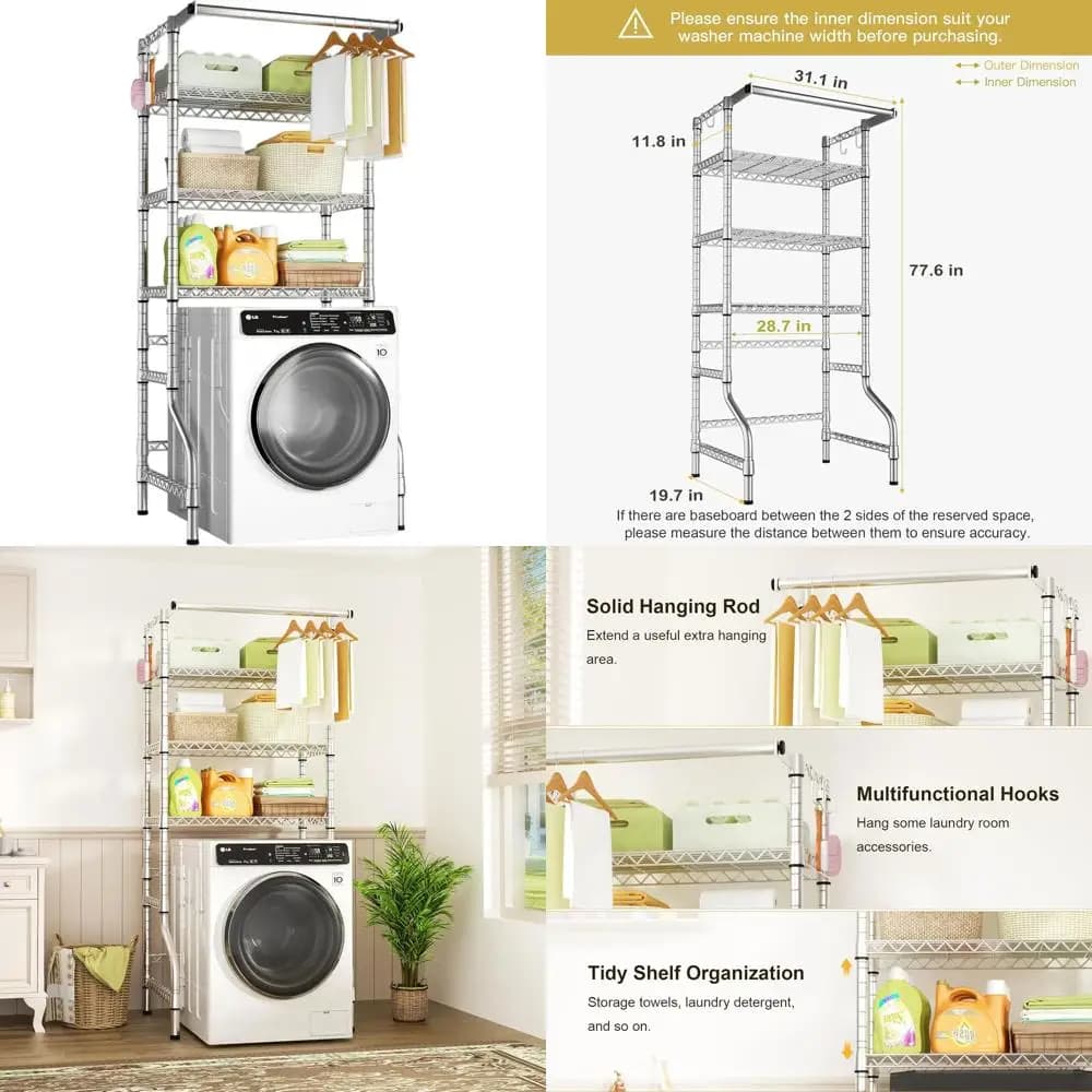 Scaffale portaoggetti a 3 livelli in metallo cromato per lavanderia, 31,1 L x 19,7 P x 77,6 A, organizer sopra lavatrice/asciugatrice