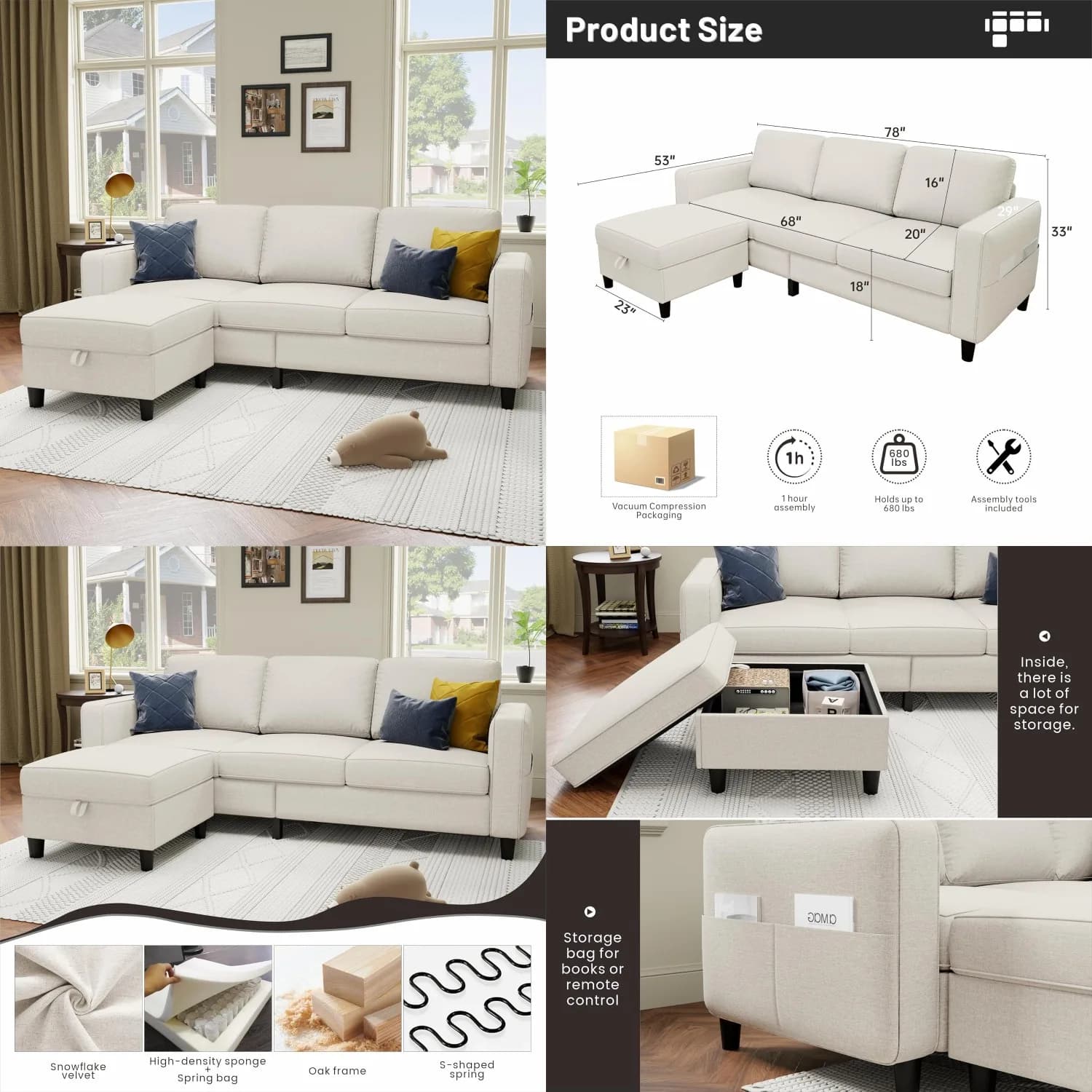 Divano Componibile a L in Lino Beige da 78 Pollici, Convertibile a 3 Posti, con Rivestimento Lavabile, per Soggiorno, Appartamento, Camera da Letto, Personalizzabile