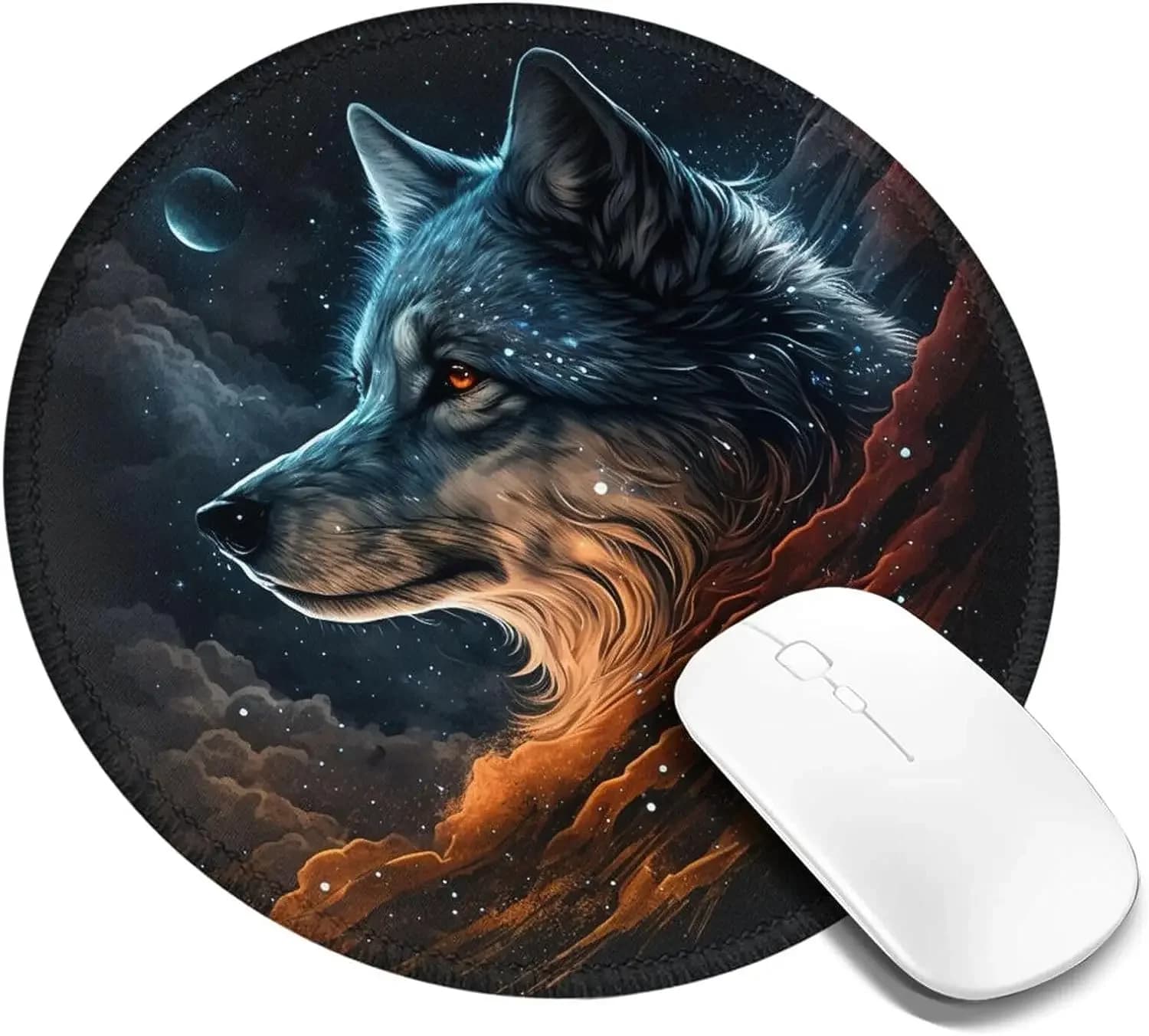 Tappetino per mouse Art Starry Sky Wolf Universe con base in gomma antiscivolo Simpatico tappetino per mouse rotondo per computer portatile da ufficio 7,8x7,8 pollici