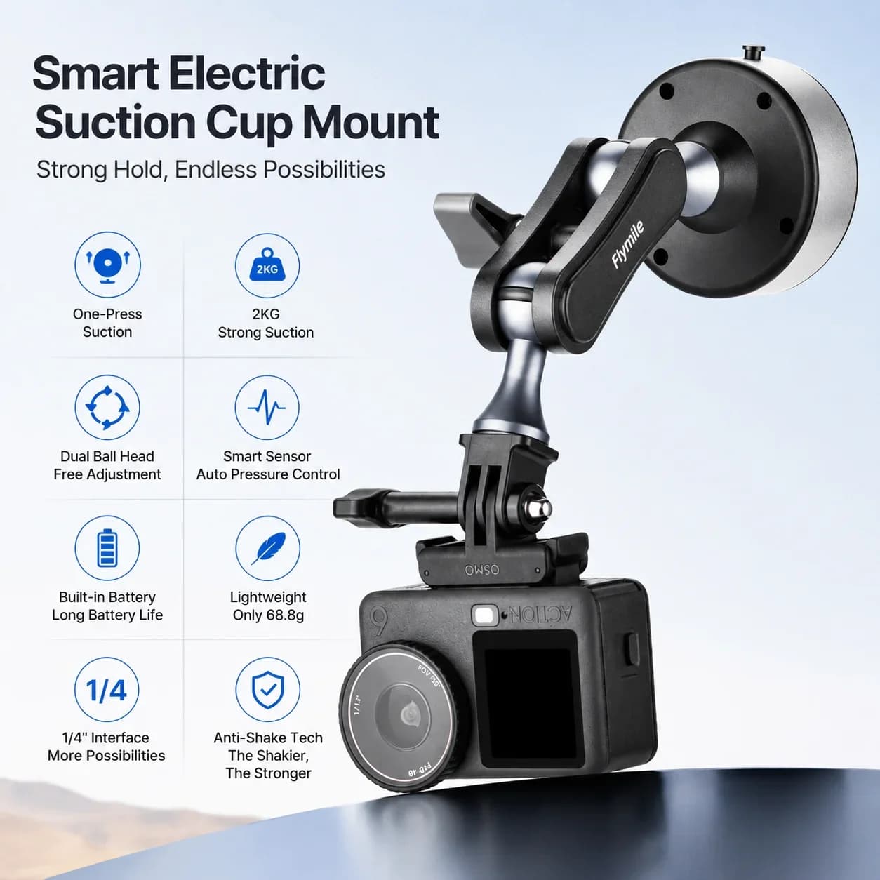 Electric Suction Cup Mount with 1/4" Screw Holes for Phone Holder/Action Camera Adapter for iPhone GoPro DJI Insta360 Accessory