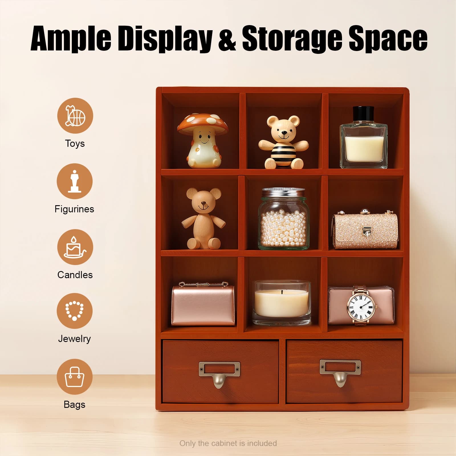 Exhibitor in 9 compartments wood with 2 drawers, Mobile Container Organizer for Home Decoration