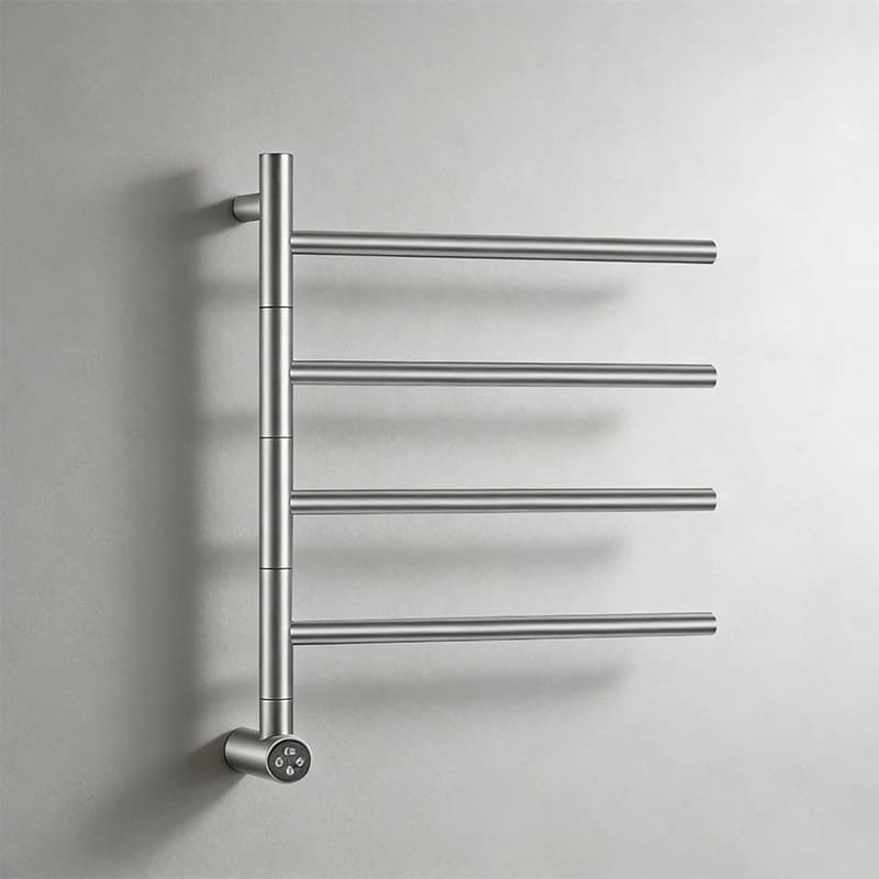 Scaldasalviette in acciaio inox con termostato rotante a 4 barre, design moderno per bagno.