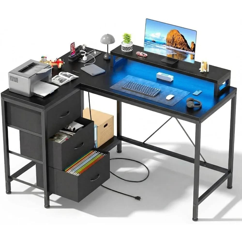 41 Inch Desk: 3 Drawers, LED Lights, Power Outlets, USB Charging, Home Office, Monitor Stand, Cationic Fabric, Black