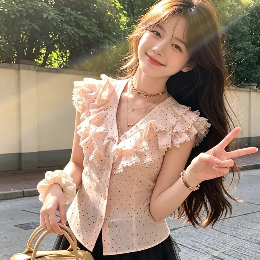 Sweet Pink Polka Dot Shirt Women's Summer High-End V-Neck Puff Sleeve Blouse Floral Fashionable Age-Defying Top