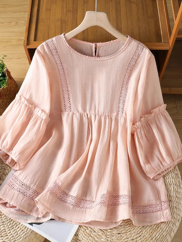 Artistic Large Size Pink Hollow Splicing Cotton Linen Shirt Women Summer Anti-Aging Belly Conceal Slimming Doll Shirt Flower ...