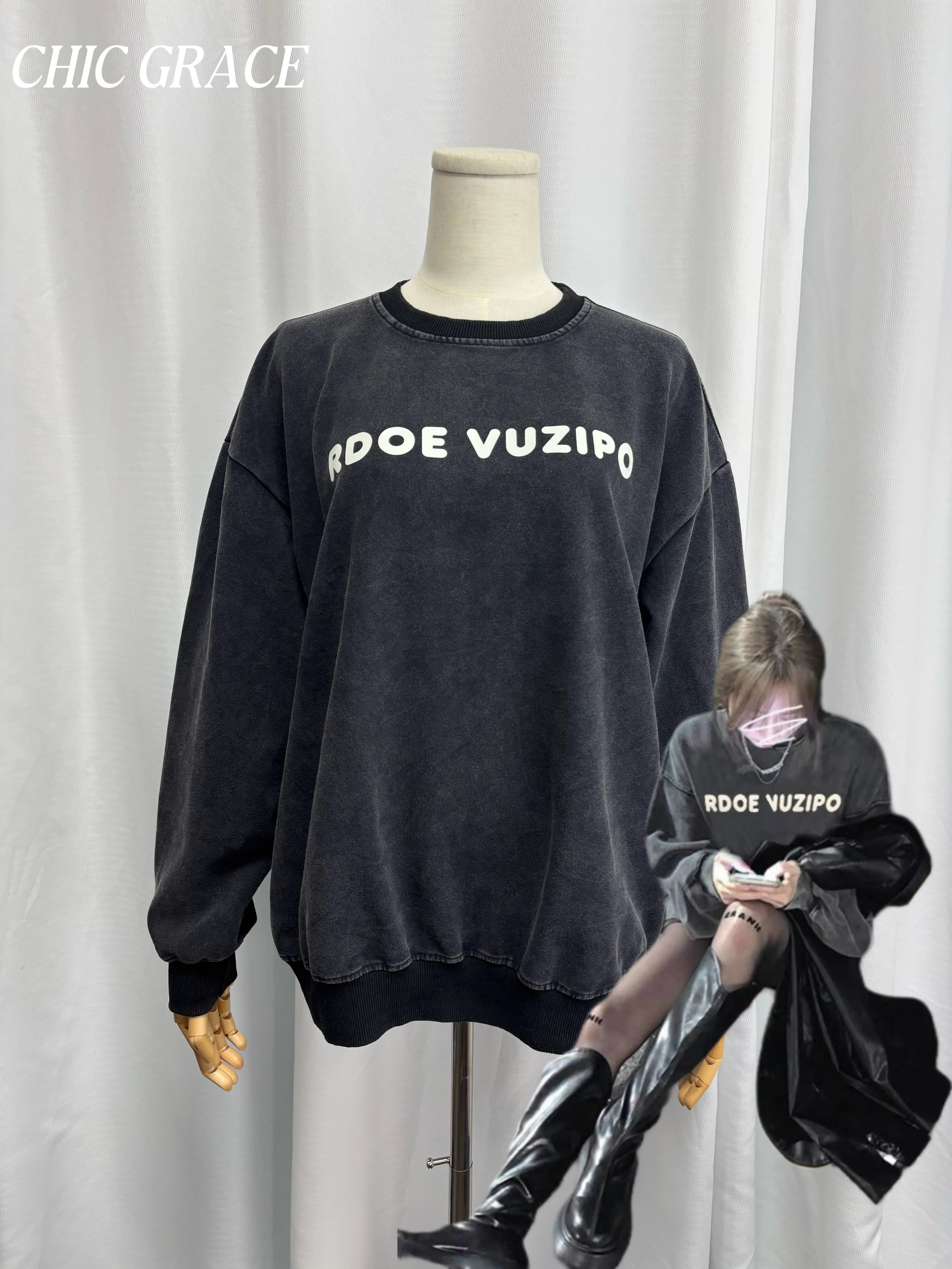 Real shot 2025 American High Street Hiphop Girocollo Felpa oversize Design vintage da donna Nicchia Top allentato alla moda