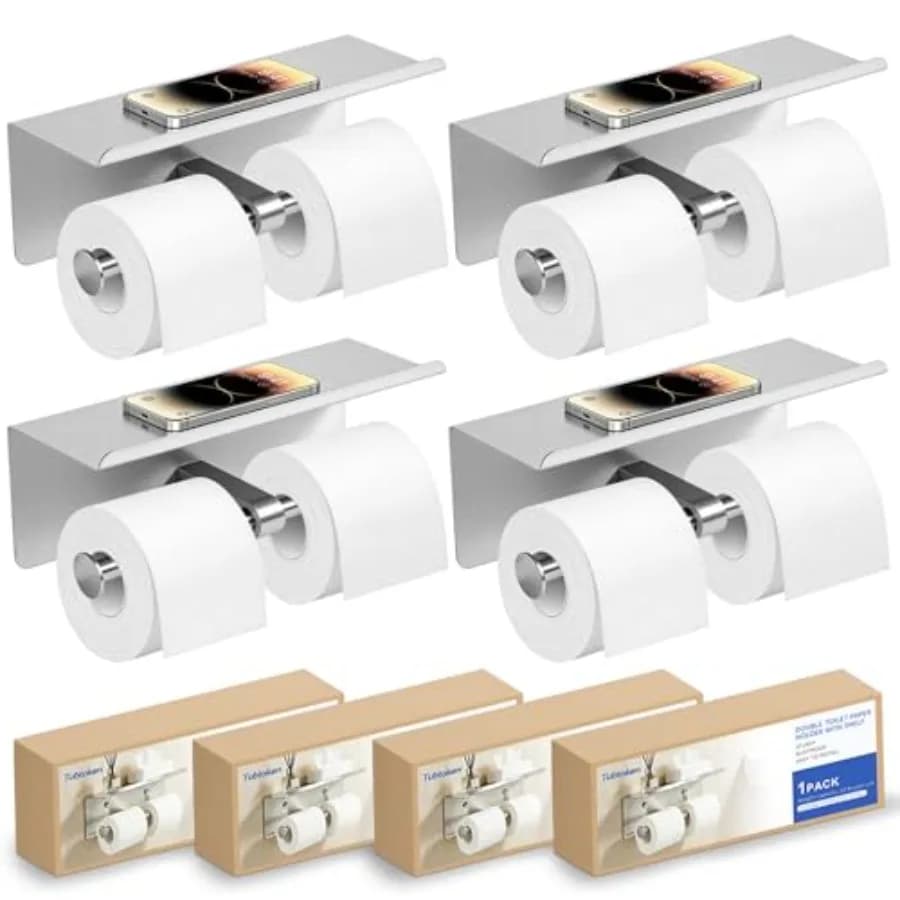 Set di 4 Portarotoli Doppio per Carta Igienica con Mensola, Montaggio a Parete, in Acciaio Inox 304 Resistente, per Uso Commerciale