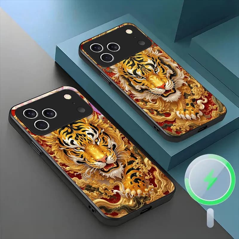 Custodia Magnetica in Vetro per iPhone 17 Pro MAX, Design Moderno Cinese Chic con Motivo Tigre, Protezione Antipolvere
