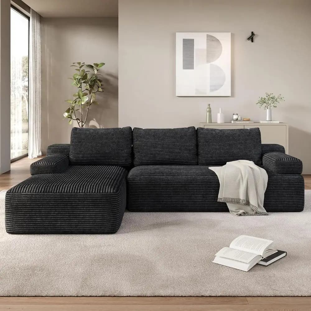 Divano a L in velluto a coste con chaise longue, cuscini rimovibili, nessun montaggio richiesto, grigio per soggiorno