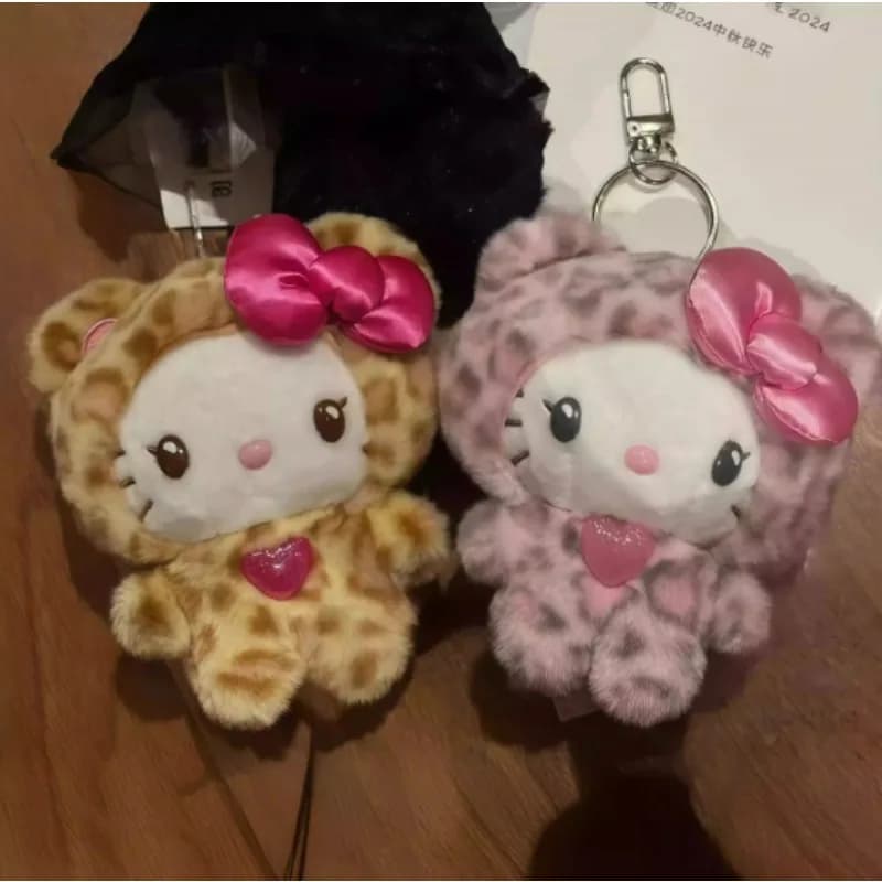 Portachiavi con Ciondolo Peluche Hello Kitty Kuromi Serie Orso Stampa Leopardata, Giocattoli in Peluche per Zaino, Regali per Bambini