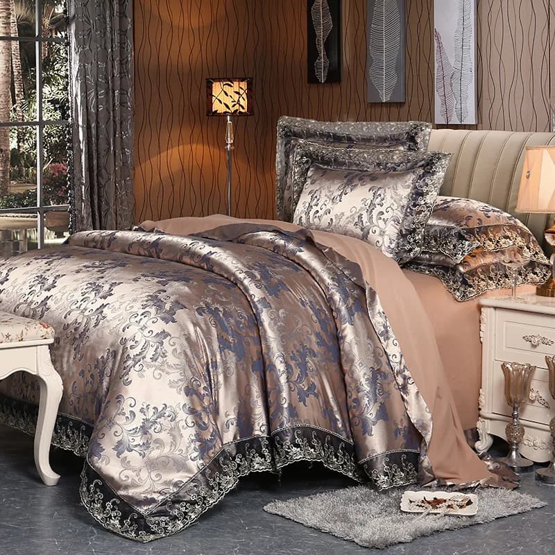 Set of luxury satin cotton lace bedding in silver brown luxury 4 pieces Set of double bedspread Queen King size True