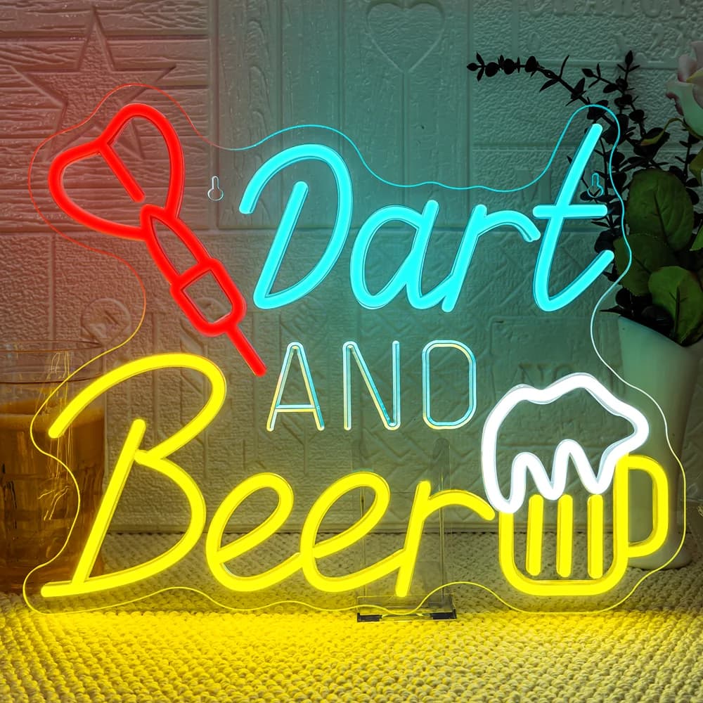 Insegna al neon per freccette e birra, divertente lampada da parete per bar con freccette e tazza da birra, design a LED, per sala giochi, pub o grotta d'uomo