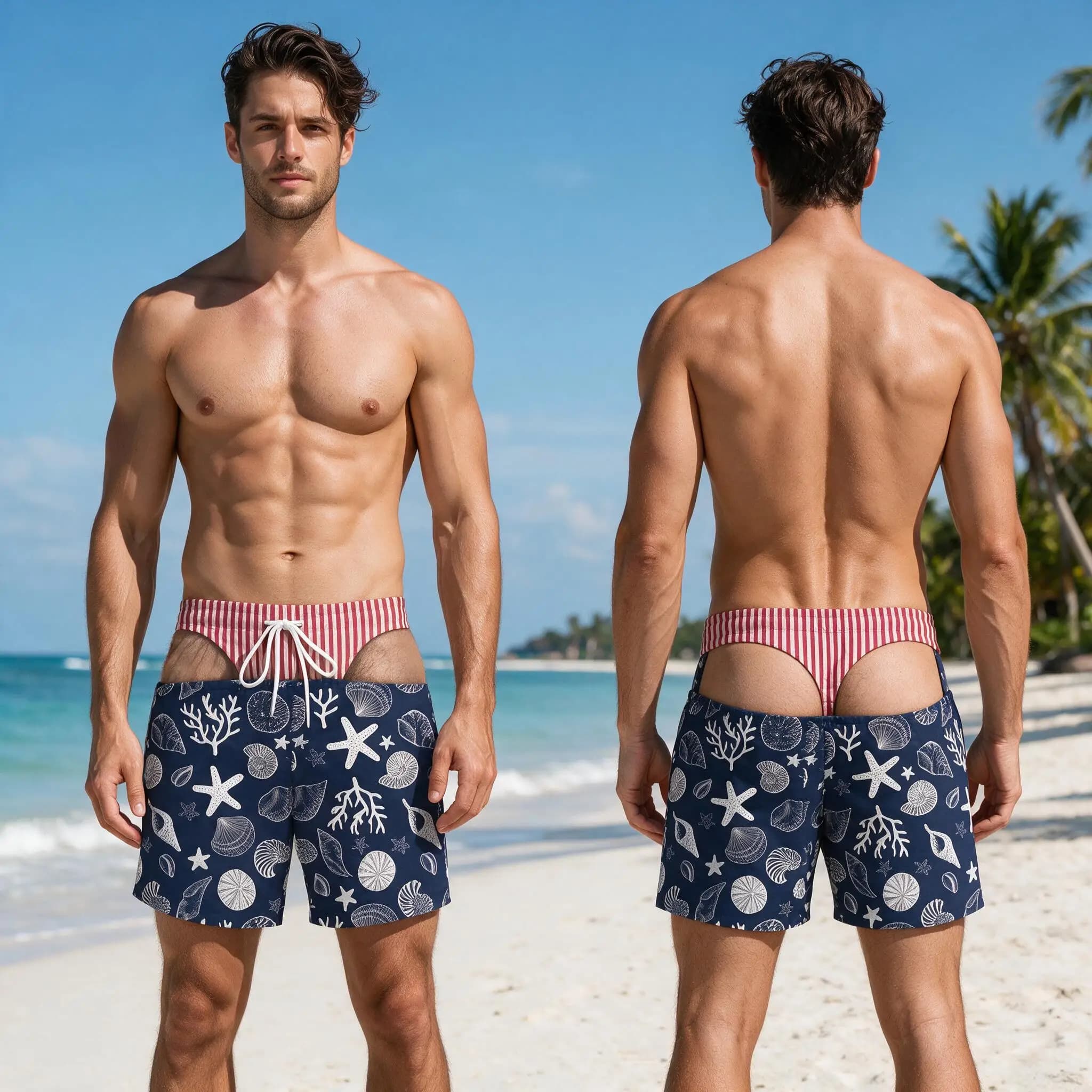 Men's Fashionable Cut out Beach Shorts Surfboard Ocean Print Summer Swim Trunks Gay Pride Pool Party Thong Bikini Board Shorts