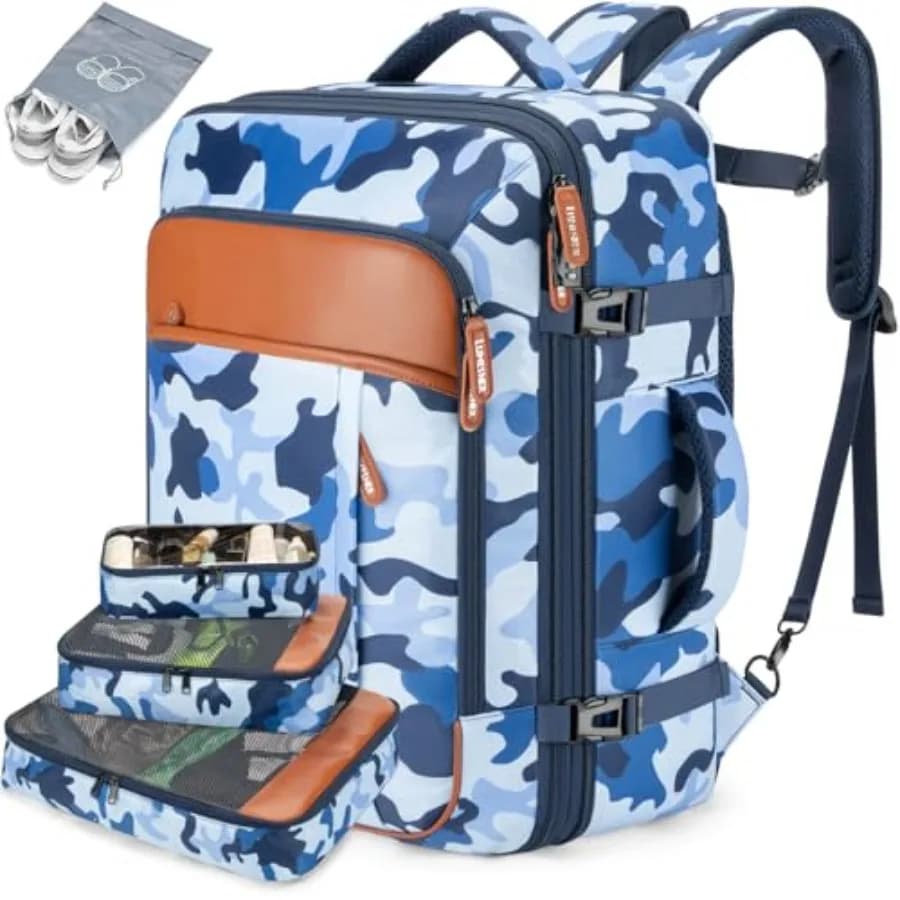 Zaini da viaggio Carry on, extra grandi da 40 litri, approvati per il volo, per uomo e donna, zaino espandibile (zaino con 4 scomparti)