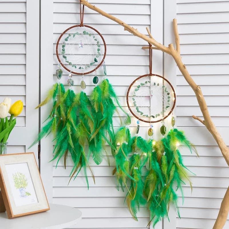 Crystal Green Feathers Dream Catcher Large Window Hangings With Mini Star Win Chimes Handmade Ornaments Wall Pendants Decoration