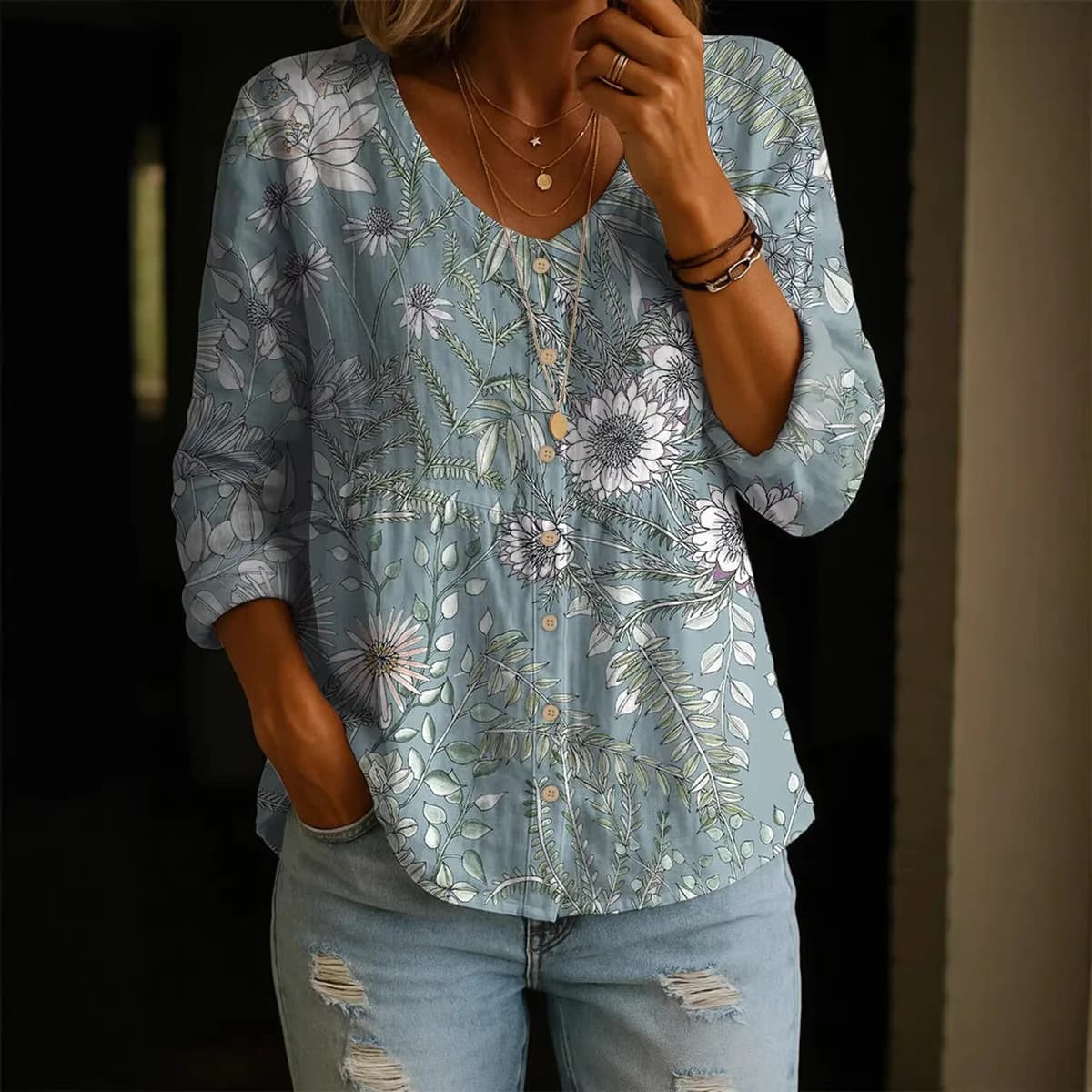 Nuova Camicetta da Donna 2026 con Stampa Floreale 3D, Casual, Ampia, Scollo a V, Manica 3/4, Monopetto, per Uso Quotidiano, Top, Abbigliamento Femminile