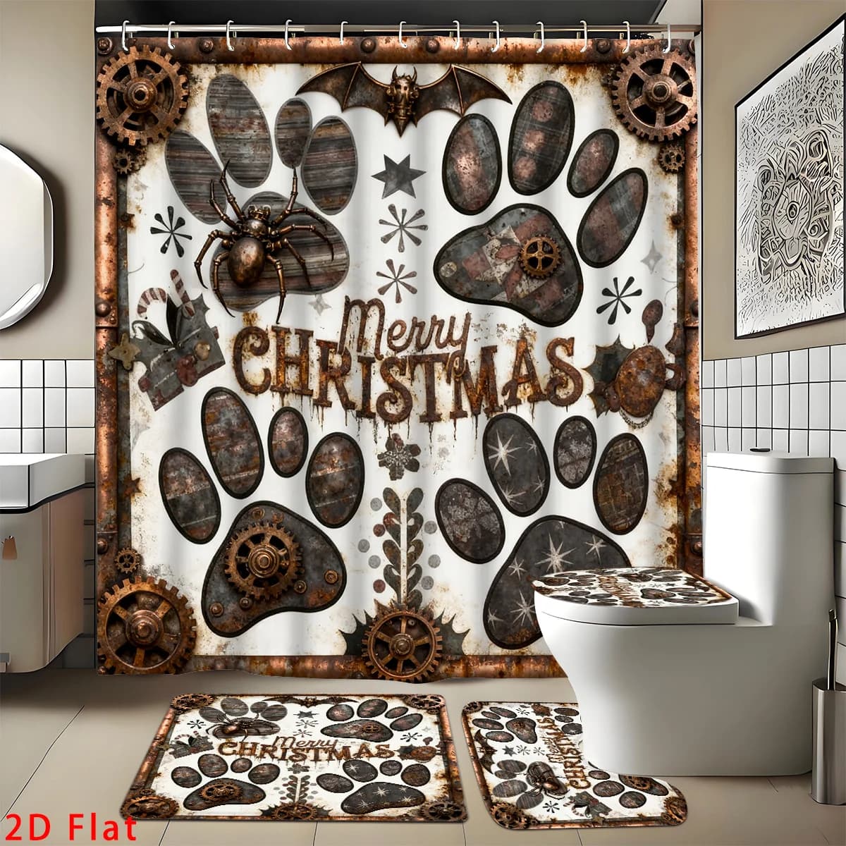 2D Flat, 4pcs Steampunk 2D Bathroom Set, Featuring High-Quality Bathroom Decorations And Additions, Including a Non-Slip, U-Shaped, Toilet Seat, And Shower Curtain with 12 Hooks