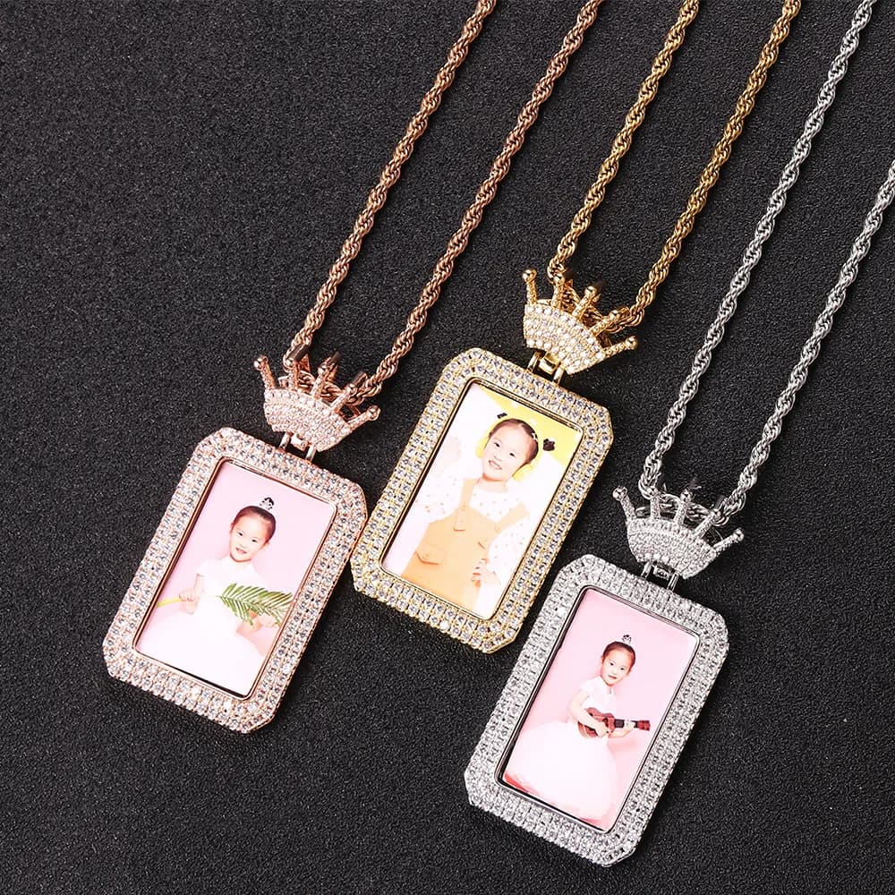 2 pz/borsa Hip Hop Corona Gancio Quadrato Cornice Pendenti In Ottone Placcato Oro Iced Out Bling CZ Foto Memoria Medaglia Collana