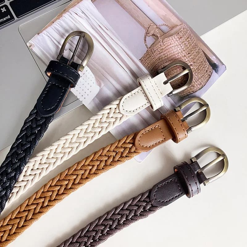 Cintura Sottile Intrecciata alla Moda 1,7x110cm, Accessorio Vintage per Jeans e Abiti, Semplice Cintura con Fibbia a Perno per Donne