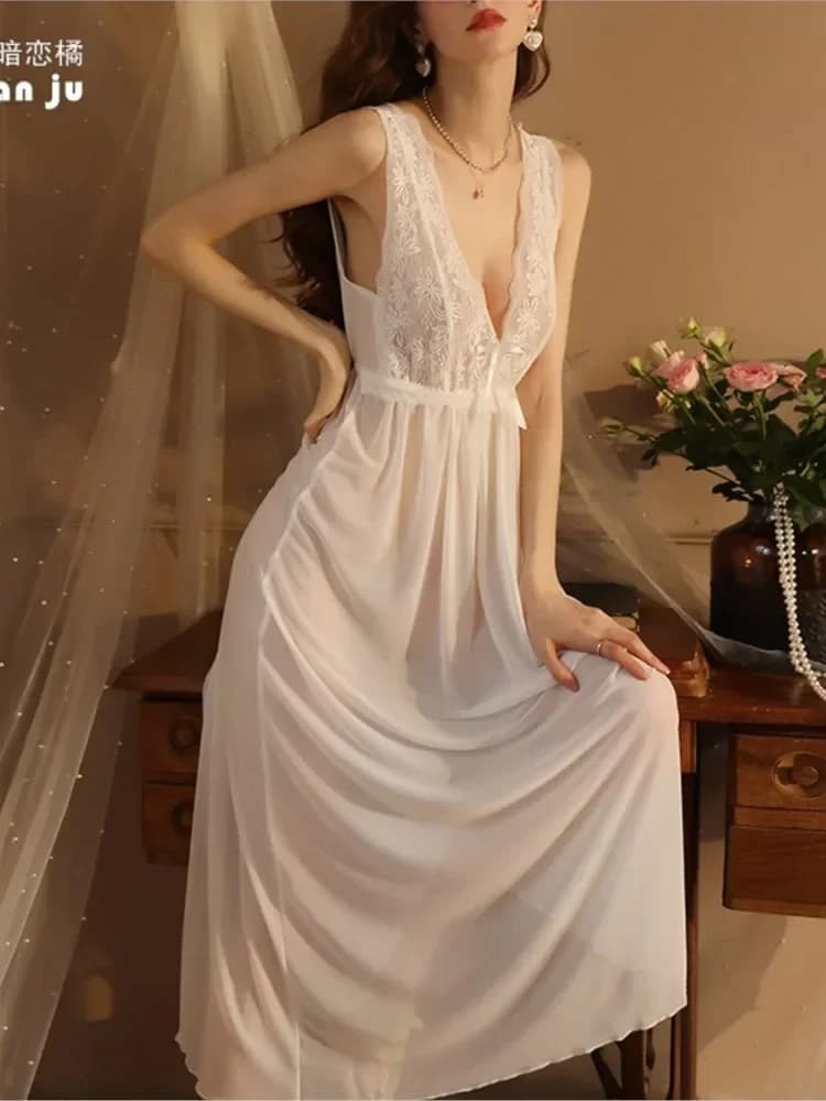 Abito da notte lungo da donna Abiti in prospettiva di pizzo Camicia da notte vintage Elegante camicia da notte scollata senza maniche Abbigliamento da notte per il sonno Donna