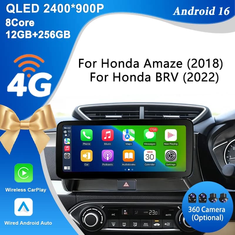 Per Honda Amaze 2018 Honda BRV 2022 Schermo Touch IPS HD da 12,3 Pollici Android 16 CarPlay GPS Navi BT WiFi Sistema Stereo DSP con Schermo Touch e Sistema Smart
