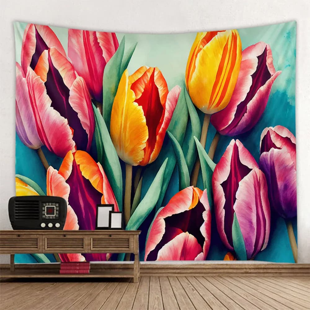 Beautiful landscape floral tapestry hanging wall background tulip hanging cloth decoration house mural, sheets, tablecloths