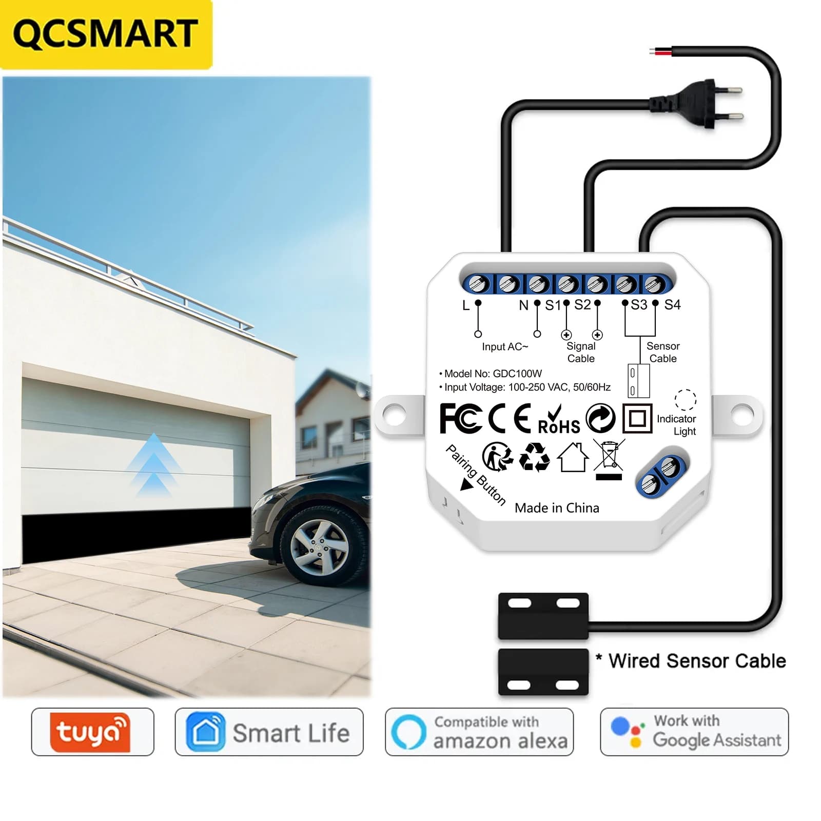 QCSMART Tuya Smart Life Controller apriporta per Garage sensore cablato sistema di allarme di sicurezza funziona con Google Assistant Alexa