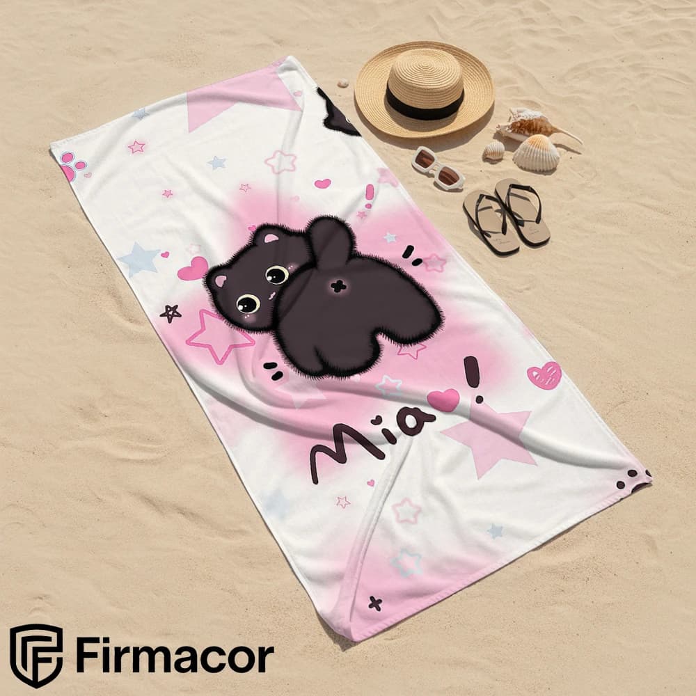 Pink Fluffy Black Cat Cartoon Anime Beach Towel Microfiber Quick Dry Super Absorbent Soft Bath Towel for Kids Adults Travel