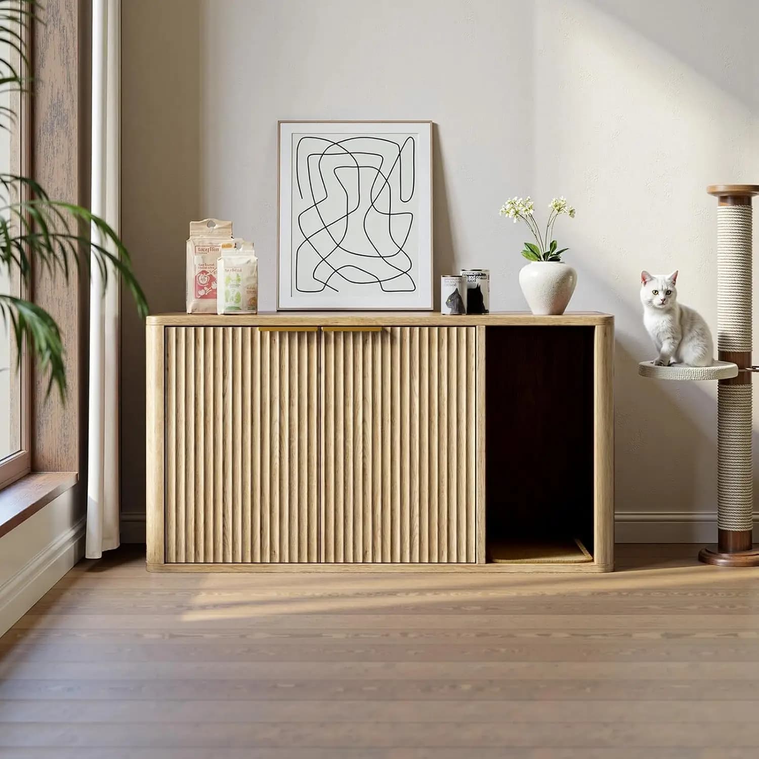 Evermagin Mobiletto per Lettiera Doppia da 124 cm per 2 Gatti, Grande Armadio Nascosto in Rovere con Ingresso Frontale, Stile Mid-Century
